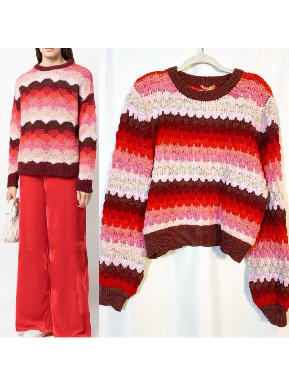 THML Textured Chunky Knit Striped Puffy Crewneck Sweater Red Pink